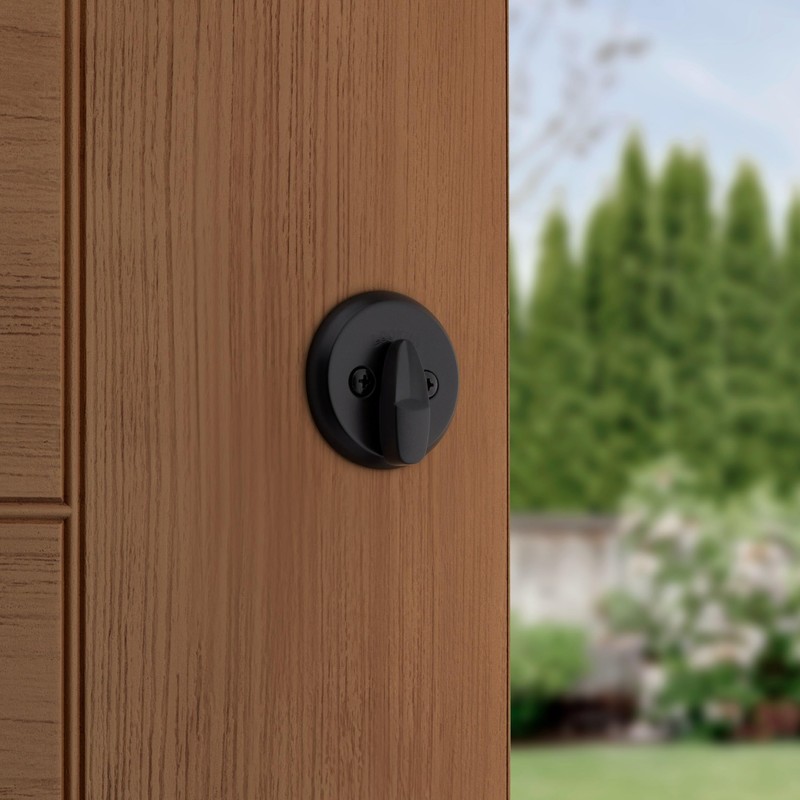 Kwikset 817 Deadbolt Lock, Matte Black Round Exterior Keyed Front