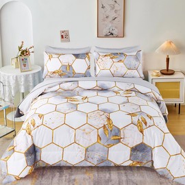 ZRNBAST Light Grey Honeycomb King Size Comforter Set-7 Piece Bedding Set Marble Hexagon All Season Modern King Bed in A Bag with Sheets with Gold Trim Print (White, King)
