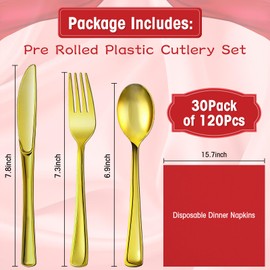 Pre Rolled Gold Plastic Silverware with Red Napkins, 30Pack Red Rolled Cutlery with Napkins, Heavy Duty Red Rolled Plastic Silverware, Rolled Cutlery with Christmas Napkins for Christmas Party
