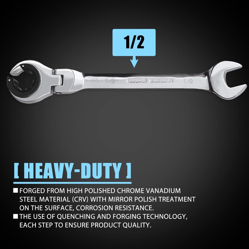 LOSCHEN】1PCS 1/2 Open Flex-Head Ratcheting Wrench, SAE Ratcheting Spanner with