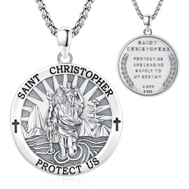 Eusense Saint Christopher Necklace 925 Silver Saint Christopher Pendant Saint Christopher Protect Us Medal Patron Saint Jewellery Religious Amulet Gifts for Men Women, Sterling Silver, No Gemstone