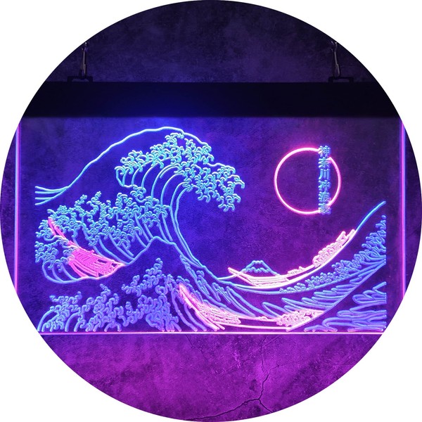 MiMaik The Great Wave Off Kanagawa LED Neon Sign, 24"x16" Japanese Katsushika Hokusai Classic Room Wall Art, Cool Ukiyoe Neon Light Signs for Wall Decor Interior Decoration 16X24 Inches(Blue & Pink)