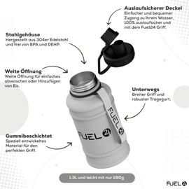 Fuel24 Stainless Steel Jug - 1.3 or 2.2 Litre Water Bottle - Extra Strong BPA Free Leak Proof - Large Sports Bottle for Gym, 1.3L, 2.2L, Metal Bottle - Colour Options
