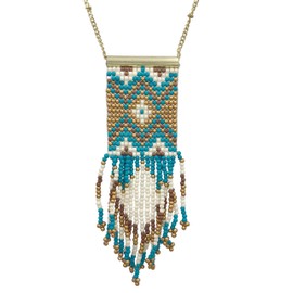 Gypsy Jewels Long Tribal Aztec Navajo Indian Southwest Tassel Fringe Multi Color Seed Bead Statement Gold Tone Chain Necklace (Aqua Blue Brown)