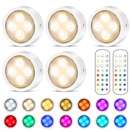 TECOMLIGHT Puck Lights with Remote, Battery Operated Wireless LED Under Cabinet Lights, Stick on Tap Lights, RGB & Warm White Under Counter Lights for Kitchen, Closets, Shelf, 5 Pack - White