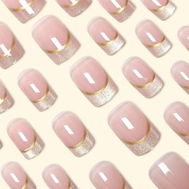 JUSTOTRY 24 Pcs Cat Eye French False Nails Short,Gold French Square Press on Nails Pattern,Glossy Fake Nails Medium for Nail Art,Squoval Cateye Stick on Nail for Women Gifts