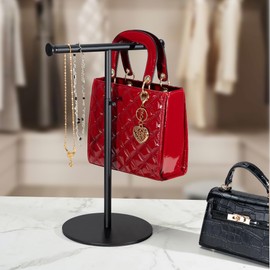 niffgaff T Bar Purse Display Stand Handbag Rack, Adjustable Height Black Tabletop Hook Hanging Jewelry Stands for Necklaces Organizer, Stainless Steel Handbag Holder Home Store Boutique