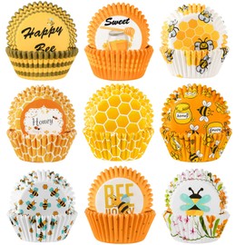 SANNIX 450pcs Bee Cupcake Liners, Bee Party Baking Cups Cupcake Wrappers Yellow Cupcake Liners for Bee Party Decorations Baby Shower Birthday Wedding Decorations Supplies(9 Designs)
