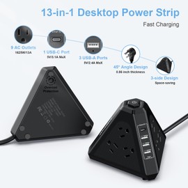 Tower Surge Protector Power Strip, NVEESHOX 9 AC Outlets with 4 USB Ports (1 USB C) 3-Side Triangle Outlets with USB Ports,6.5 Ft,Flat Plug, Charging Station with Surge Protection (Black+6.5 FT)