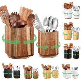 SiliFine 2 Pack Wooden Utensil Holder, 360°Rotating Kitchen Cooking Utensil Crock, Spoon Spatula Holder for Kitchen Counter, Farmhouse Countertop Organizer(Acacia,Square)