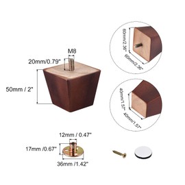 sourcing map Furniture Legs, 2 Inch(50mm) Set of 4 Square Solid Wood Couch Legs Chair Table Feet Sofa Support Replacement Parts, with Accessories, Brown