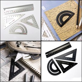 Metal Architects Scale Ruler Set- Rodmaie 4 PCS Technical Drawing set, Math Geometry Tool, Protractor, Triangular, Architect Ruler Set for Student Back to School (Black)