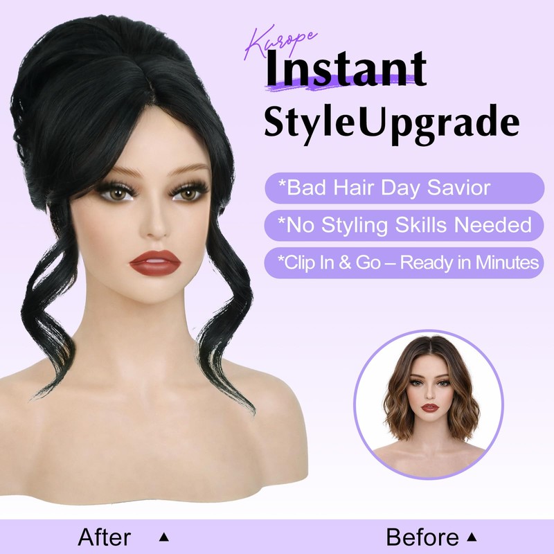 Kurope Black Wig 2-in-1 Messy Bun Hairpieces Ponytail with Bangs