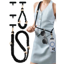 Lostars 2-Pack Cell Phone Lanyards for Women with 4 Tether Tab,Adjustable Phone Strap Crossbody & Wrist Strap,Universal Cell Phone Neck lanyard for Travel Essentials (Plush, Black/Gold)