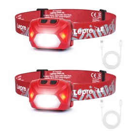 Lepro 320014 LED Rechargeable Headlamp, 2 Pack Head Lamp with 6 Modes for Camping & Hiking Gear Essentials, IPX4 Waterproof Bright Headlight Flashlights with Adjustable Headband, Type-C Cable - Red