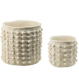 Round Outdoor Planters with Tassel Pom Detail - 13" and 9" - Set of 2 - Cream Finish