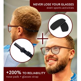 Eye Glasses Nose Support Pads - Nose Pads for Glasses Anti Slip 6 Pairs - Sunglass Nose Grip Pads (0.5 mm Black Pads & Beige Glasses Cord)