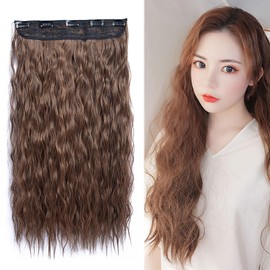 LANJING Wig Piece Hair Extensions Wavy Curly Hair Long Fashion Heat Resistant Silk Material Length 23.6 inches (60 cm) (Design: Shallow Brown, 1 Piece)