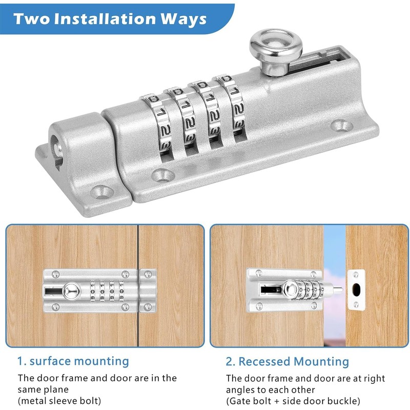2Pcs Combination Locking Bolt, Heavy Duty Gate Bolt with Screws,