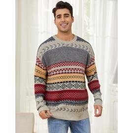 Gihuo Men Vintage Striped Sweater Grandpa Fall Winter Pullover Long Sleeve Crewneck Jumper Knit Christmas Sweater Tops(Red-M)