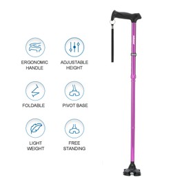 REHAND Walking Cane for Men & Women - Foldable, Adjustable, Lightweight, Self Standing Pivot Walking Cane, Soft Handle Grip, with Travel Bag, Walking Sticks for Seniors & Adults (Purple)