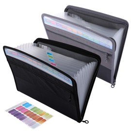 WOPPLXY 2 PCS 13 Pockets Portable File Organiser, Expanding Document Organiser for Paperwork A4, Water Resistant File Folders with Colored Labels and Zipper Closure