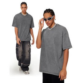 Arssm Men Oversized T-Shirts Pocket Short Sleeve Acid Washed Heavy Cotton Vintage Tops Loose Fit Casual Basic Unisex Tee(Grey-L)