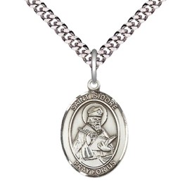 Mens Medium Oval Pewter Saint Isidore of Seville Medal Pendant on 24" Rhodium Plated Heavy Curb Brass Chain w/ Lobster Claw Clasp, Catholic Religious Necklace -Made in USA-Velvet Gift Box