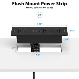 Furniture Drawer Outlet, Recessed Power Strip with (3) PD 20W USB Ports Fast Charging & (3) 15 Amp AC Outlets, (14 AWG) 10 FT Spring Black Cord