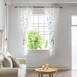 BOYOUTH Stars and Moon Pattern Sheer Voile Curtains for Window Decorations,Rod Pocket Curtains and Drapes for Bedroom,Study,Living Room,Silver,2 Panels,39 x 51 Inches