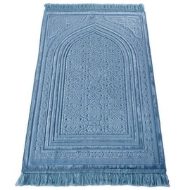 Modefa Luxury Velvet Prayer Rug with Prayer Beads | Soft Elegant Muslim Turkish Janamaz Sajada Carpet for Men and Women | Plain Solid Prayer Mat Ramadan Eid Gift - Najma (Najma Steel Blue)
