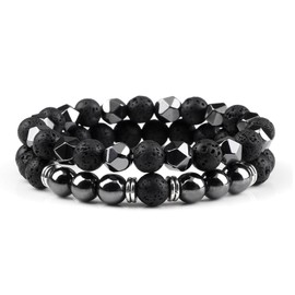 ZENGSING Perlenarmband Herren Herrenarmband aus Halbedelmetall 2 Stücke Perlenarmbänder Set Elastisches Kugelarmband Verstellbares Edelstahl Armband Herren Damen Geschenk für Männer (B)