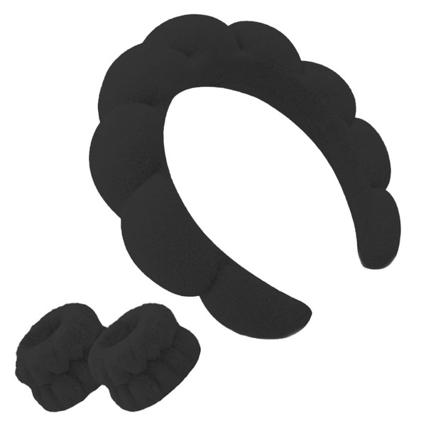 Voarge 3-teiliges Make-up-Stirnband und Handgelenksbandagen für Damen, Frottee-Haarband, Wellness-Stirnband (schwarz,