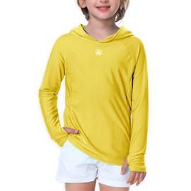 AOBUTE Unisex Kids Long Sleeve Hoodie Rash Guard Boys UPF 50+ Swim Top with Thumb Hole 3-12 Years, Yellow, 7-8 Years