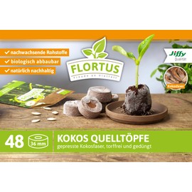 FLORTUS Coconut Source Pots Made of Potting Soil with Nutrients - Pack of 48 Coconut Swelling Tablets Peat-Free & Biodegradable - Source Tablets Made of Coconut Soil Pressed for Planting Seeds &