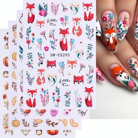 4 Sheets Autumn Nail Stickers for Nail Art - Flower Nail Art Stickers 3D Self Adhesive Maple Leaf Pumpkin Cartoon Fox Flower Plants Nail Decals Manicure Supplies for Wome