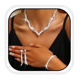Reaky Brautschmuck-Set, silberne Strass-Ohrringe und Halskette, Hochzeits- und Abschlussball-Schmuckset für Frauen (3er-Pack) (Silber)
