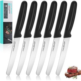 HAUSHOF Steak Knives Set of 6, Serrated Premium Stainless Steel Black Handle