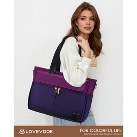 LOVEVOOK Laptop Bag for Women Canvas 15.6 Inch Laptop Tote Bag Large Capacity Work Bags Mutiple Pockets Teacher Bags Water Resistant Computer Purse for Business Travel, Dark Purple-Black