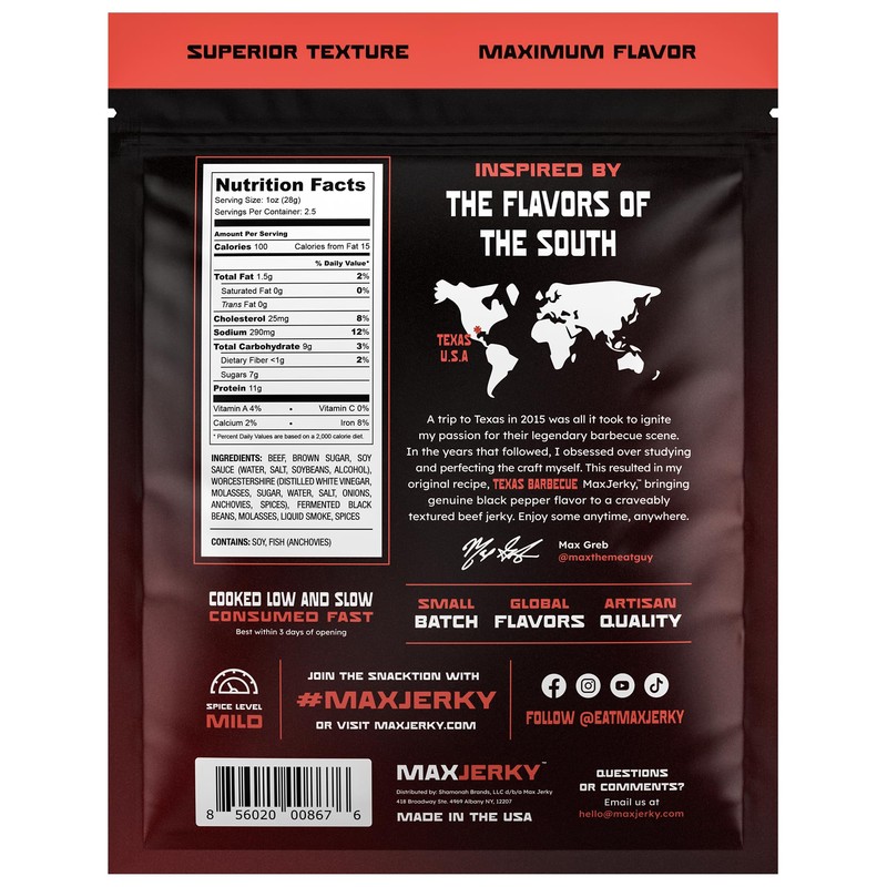 MaxJerky Texas Barbecue Beef Jerky, Smoked Pepper Flavored Jerky, 27.5