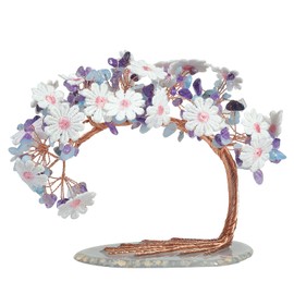 mookaitedecor Natural Amethyst & Aquamarine Crystal Tree with Agate Slice Base, Embroidered Lace Floral Money Tree for Home Office Desk Decoration, 4.5-5.2 Inch High