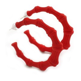 Large Red Acrylic Bamboo Hoop Earrings - 55mm D