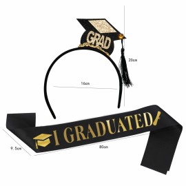 Unbranded Gold Letter I GRADUATED Sash with Free Hairpin Crown /Graduation Party Supplies - Black, 2PCS