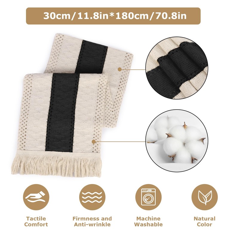 Black Table Runner Boho Table Runner with Tassels 180x30 cm