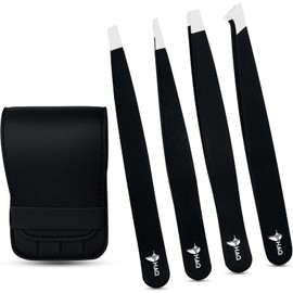 4pc Eyebrow Tweezers for Ingrown Hair- Professional Tweezer Set for Women & Men- Stainless Steel Black Facial Hair Removal Pluckers with Travelling Case