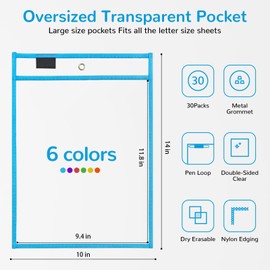 Toolterritary 48 Packs Oversized Dry Erase Pockets Reusable Sleeves with 3 Rings, 6 Assorted Colors 10x14 inch Job Ticket Holder, Heavy Dusty Work Order Sleeves for Classroom, School, Office