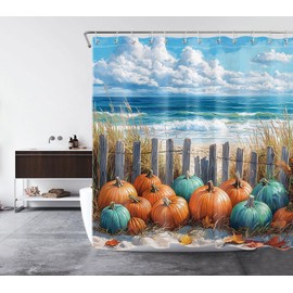 LB Tropical Fall Shower Curtain Blue Orange Pumpkin Coastal Beach Ocean Shower Curtains for Bathroom Decorative Waterproof Washable Fabric with 12pcs Hooks,72x72 inches