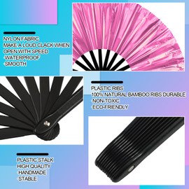 Burbell 12 Pcs Large Holographic Folding Hand Fan Foldable Iridescent Clack Rave Fan Bulk for Craft Holding Laser Outfits Women Men Outfit Club Line Dancing, 6 Colors (Novelty Color)