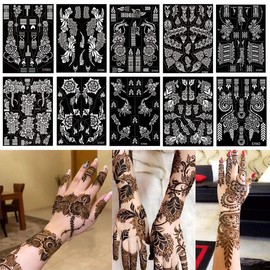10 Sheets Henna Tattoo Stencils 10 Pair Arm Hand Tattoo Template Temporary Indian Arabian Glitter Airbrush Tattoo Stickers for Face Body Paint DIY (Black) - Color: Black
