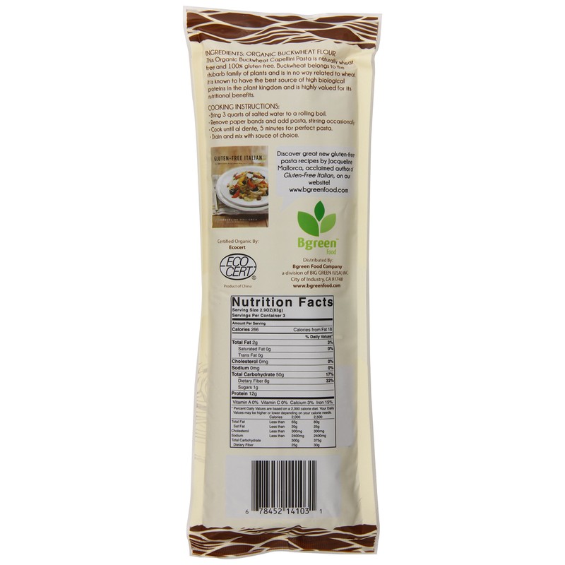 Bgreen Organic Buckwheat Angel Hair Pasta, 8.8 Ounce (Pack of